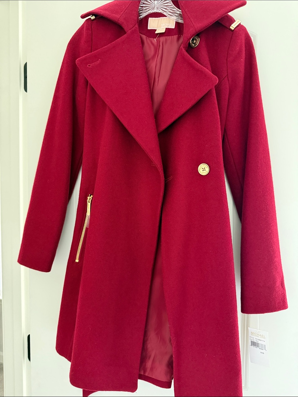 Michael Kors Womens Deep Red Wool Trench Coat with Gold Accents